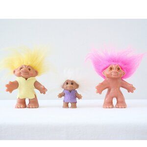 Vintage 1986 Lot of 3 DAM Trolls 5” Pink & Yellow, 3” White Hair Felt Shirts